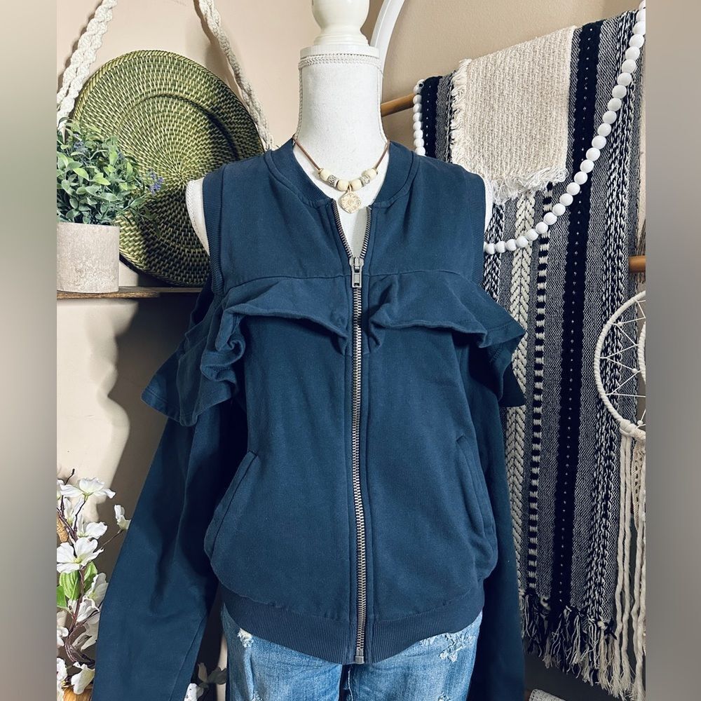 ASOS Cold Shoulder Cut Out Ruffle Trim Zip Up Navy Blue Sweatshirt w/ Pockets